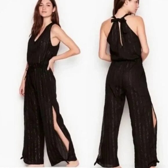 La Blanca Black Metallic Gold Pinstripe Coverup Jumpsuit - Picture 1 of 9